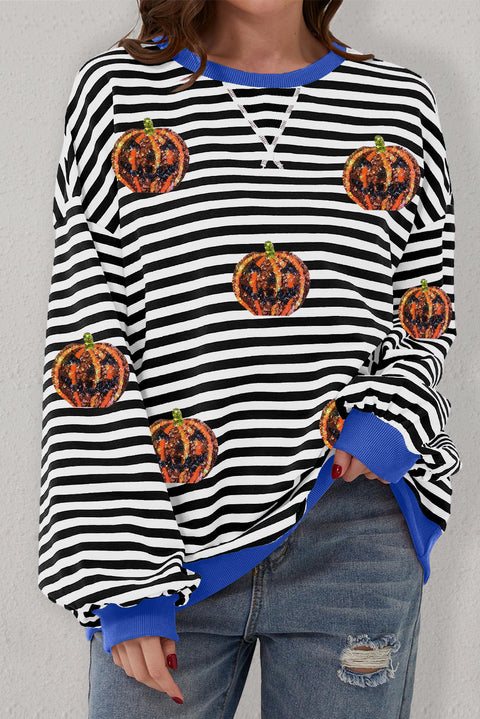 Black Stripe Funny Halloween Pumpkin Face Pattern Oversize Sweatshirt