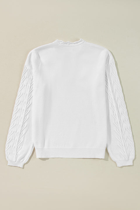 White Flower Detail Knitted Notched Neck Sweater