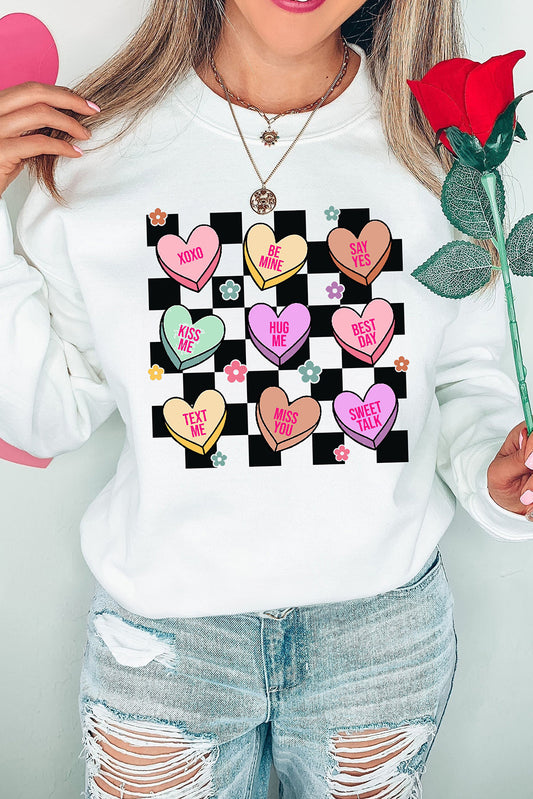 White Checkered Valentines Letter Heart Pattern Sweatshirt