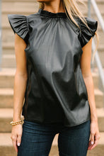 Black PU Leather Frilly Ruffle Trim Blouse