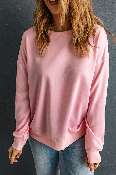 Pink Solid Classic Crewneck Pullover Sweatshirt