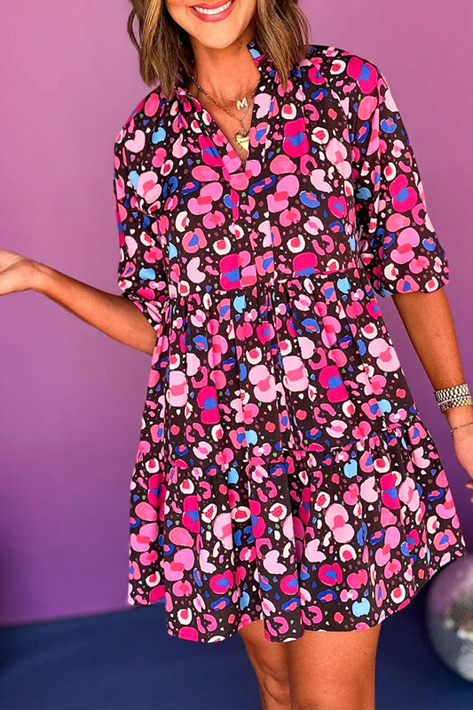 Rose Abstract Print V Neck Collared Half Sleeve Short Dress