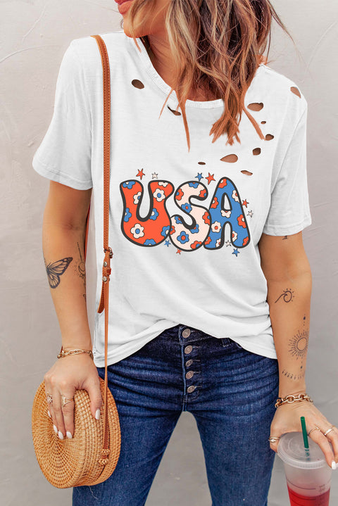 White Flower USA Graphic Distressed Tee