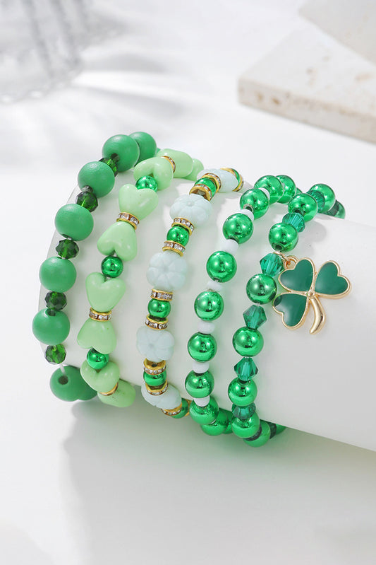 Green Clover Pendant Beaded 5pcs Bracelet Set