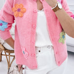 Pink Cute Knitted Floral Pattern Button Up Cardigan