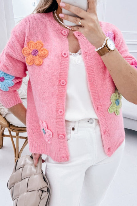 Pink Cute Knitted Floral Pattern Button Up Cardigan