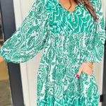 Green Bohemian Print Puff Sleeve Tied V Neck Flared Mini Dress