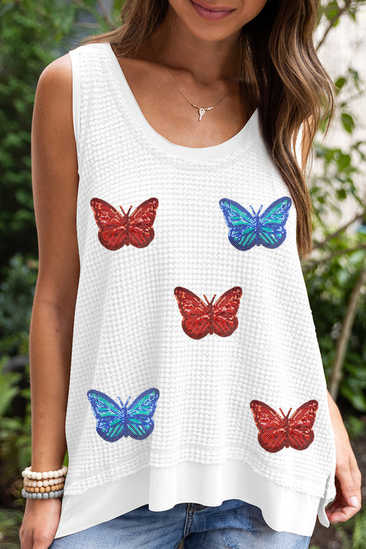 White Sequin Butterfly Graphic Waffle Knit Tank Top