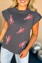 Dark Grey Sequin Crayfish Studded Cuff Crewneck T Shirt