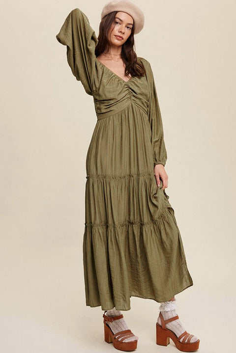 Green V Neck Bowknot Cutout Frill Tiered Maxi Dress