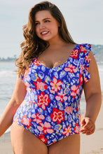 Blue Floral Print Ruffled V Neck High Waist One Piece Swimwear