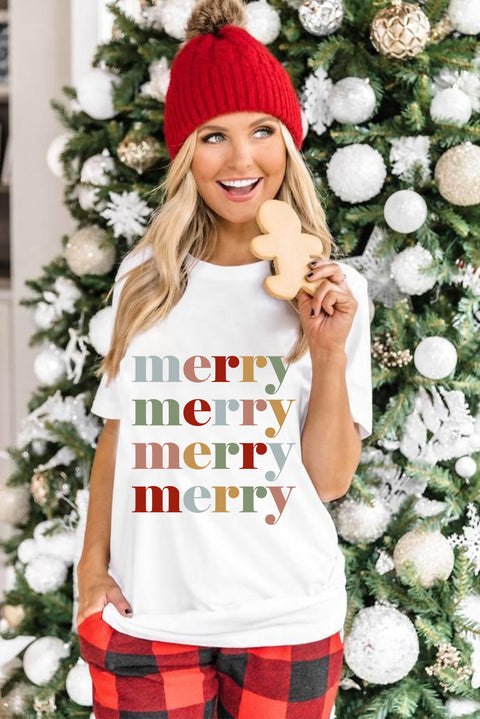 White Colorful merry Printed Crewneck Christmas T Shirt