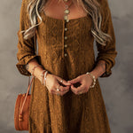 Chestnut Lace Crochet Buttoned Square Neck Shift Mini Dress