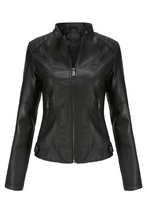 Black Leatherette Button Tab Stand Neck Zip Motor Jacket