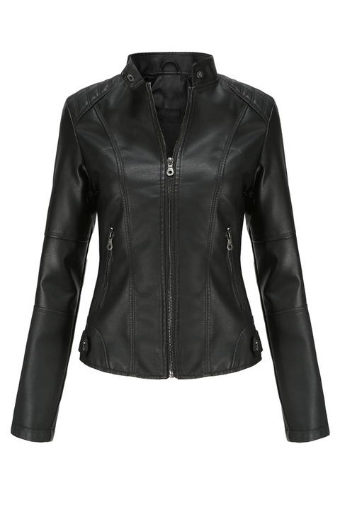 Black Leatherette Button Tab Stand Neck Zip Motor Jacket