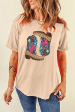 Khaki Sequined Western Boots Crew Neck Graphic Tee