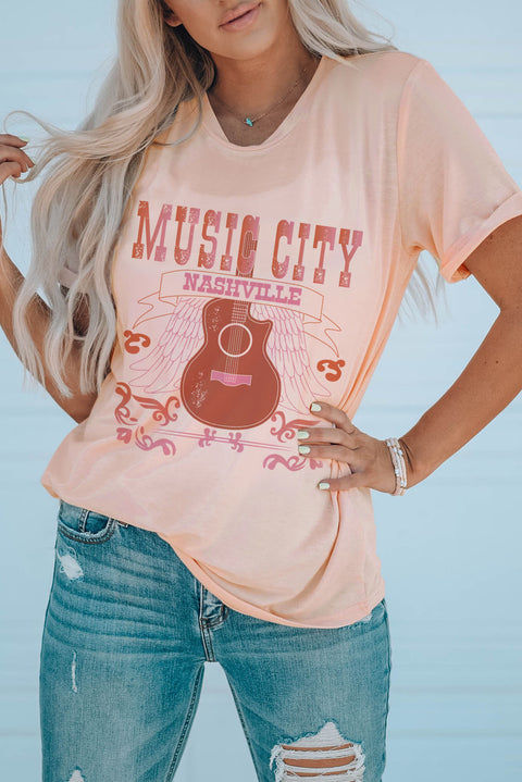 MUSIC CITY Camiseta con cuello redondo y estampado gráfico de guitarra