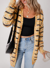 Beige Striped Pom Pom Knit Open Front Long Cardigan