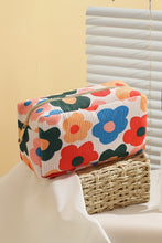 White Flower Print Zipper Square Corduroy Cosmetic Bag