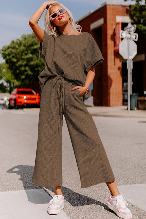 Gray Textured Loose Fit T Shirt and Drawstring Pants Set