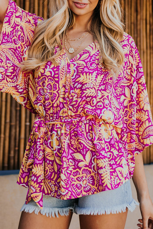 Boho Floral Print Belted Surplice Blouse