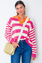 Rose Stripe Color Block Collared V Neck Drop Shoulder Sweater