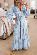 Leopard Surplice Neck Bubble Sleeve Maxi Dress with Sash