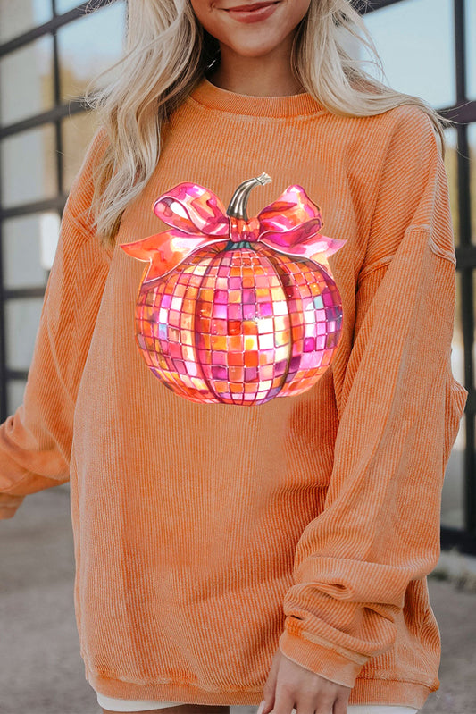 Orange Bow Pumpkin Graphic Crewneck Corded Thanksgiving Sweatshirt