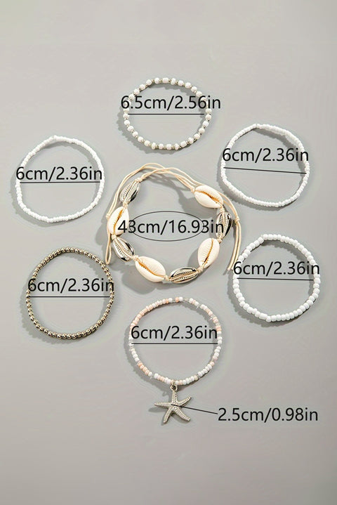 White 7pcs Starfish Seashell Beaded Bracelet Set