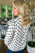 White Bow Knot Print Piping Trim Ruffled Crew Neck Blouse