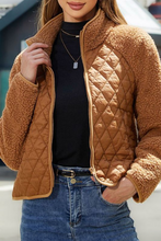 Chestnut Sherpa Plush Quilted Puffer Patchwork Zipped Coat