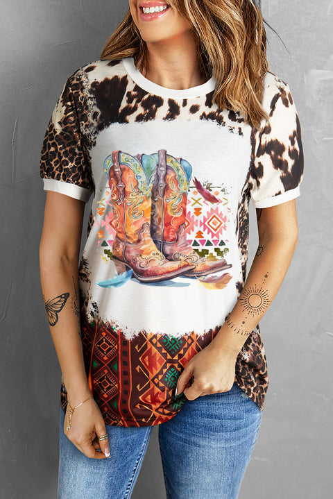 Dark Brown Cowboy Boots Graphic Bleached Leopard Aztec Print T Shirt