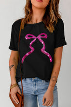 Black Sequin Bow Ribbon Graphic T Shirt