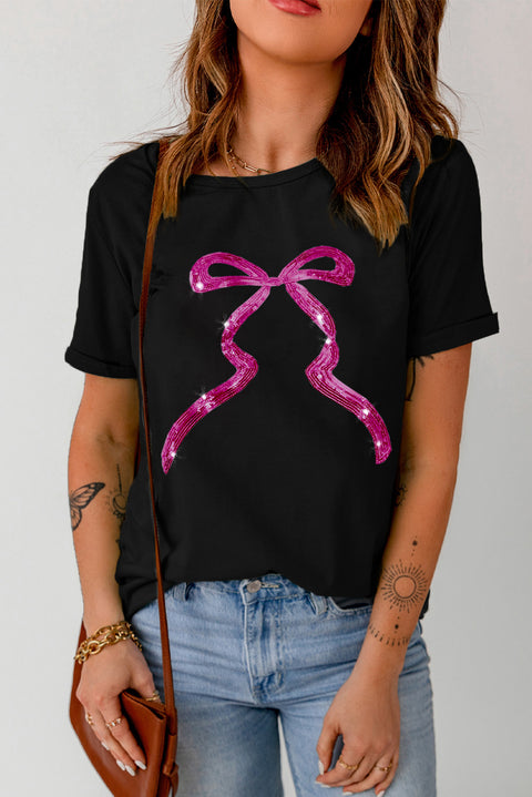 Black Sequin Bow Ribbon Graphic T Shirt