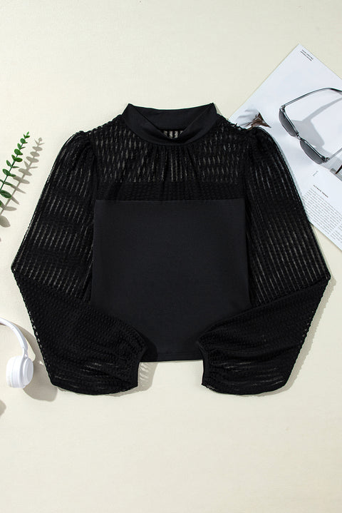 Black Stand Collar Striped Mesh Lantern Sleeve Blouse