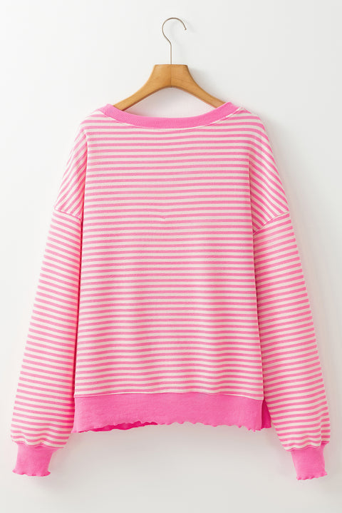 Pink Stripe Santa Clause Print Drop Shoulder Long Sleeve Loose Top