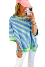 Sky Blue Stripe Oversized Contrast Trim Exposed Seam High Low T Shirt