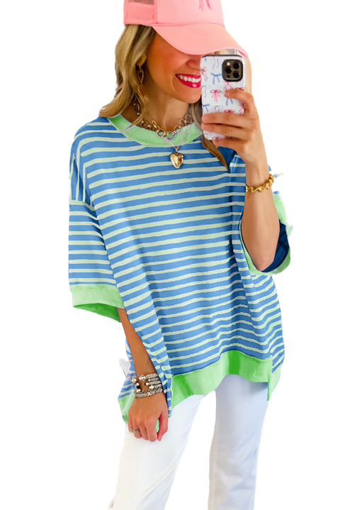 Sky Blue Stripe Oversized Contrast Trim Exposed Seam High Low T Shirt