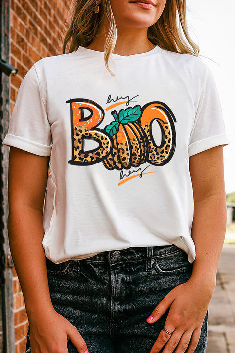 White BOO Pumpkin Leopard Print Crew Neck T Shirt