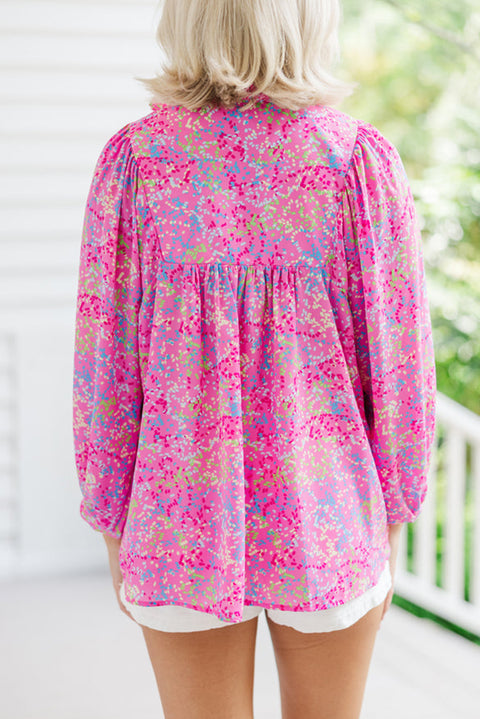 Purple Plus Size Floral Print Puff Sleeve V Neck Blouse