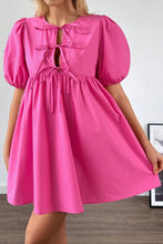 Bright Pink Solid Color Puff Sleeve Tie Front High Waist Mini Dress