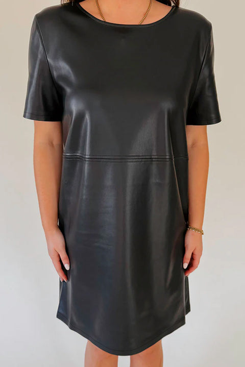 Black Faux Leather Loose T-shirt Dress