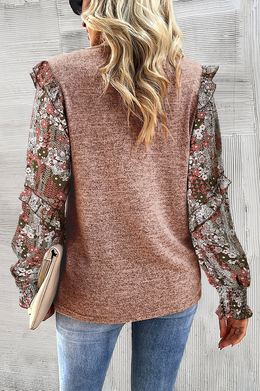 Pale Chestnut Ruffle Tiered Floral Sleeve Crew Neck Blouse