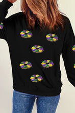 Black Sequined Donuts of Mardi Gras Colors Drop Shoulder Sweatshirt