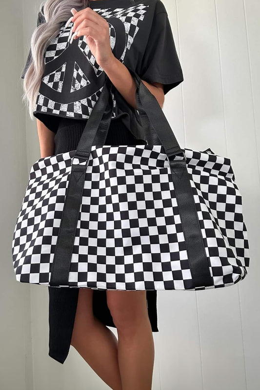 Black Checkered Print Large Capacity Tote Bag