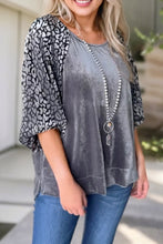 Medium Grey Leopard Splicing Lantern Sleeve Velvet Blouse