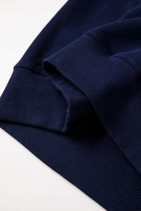 Navy Blue Solid Fleece Lined Drop Shoulder Terry Sweatshirt