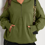 Moss Green Solid Kangaroo Pocket Half Zipper Oversized Hoodie