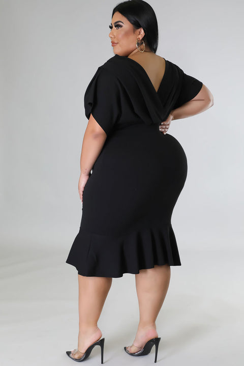 Plus Size Pleated V Neck Ruffle Hem Bodycon Dress