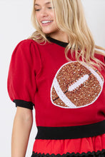 Red Sequin Rugby Color Block Puff Short Sleeve Sweater